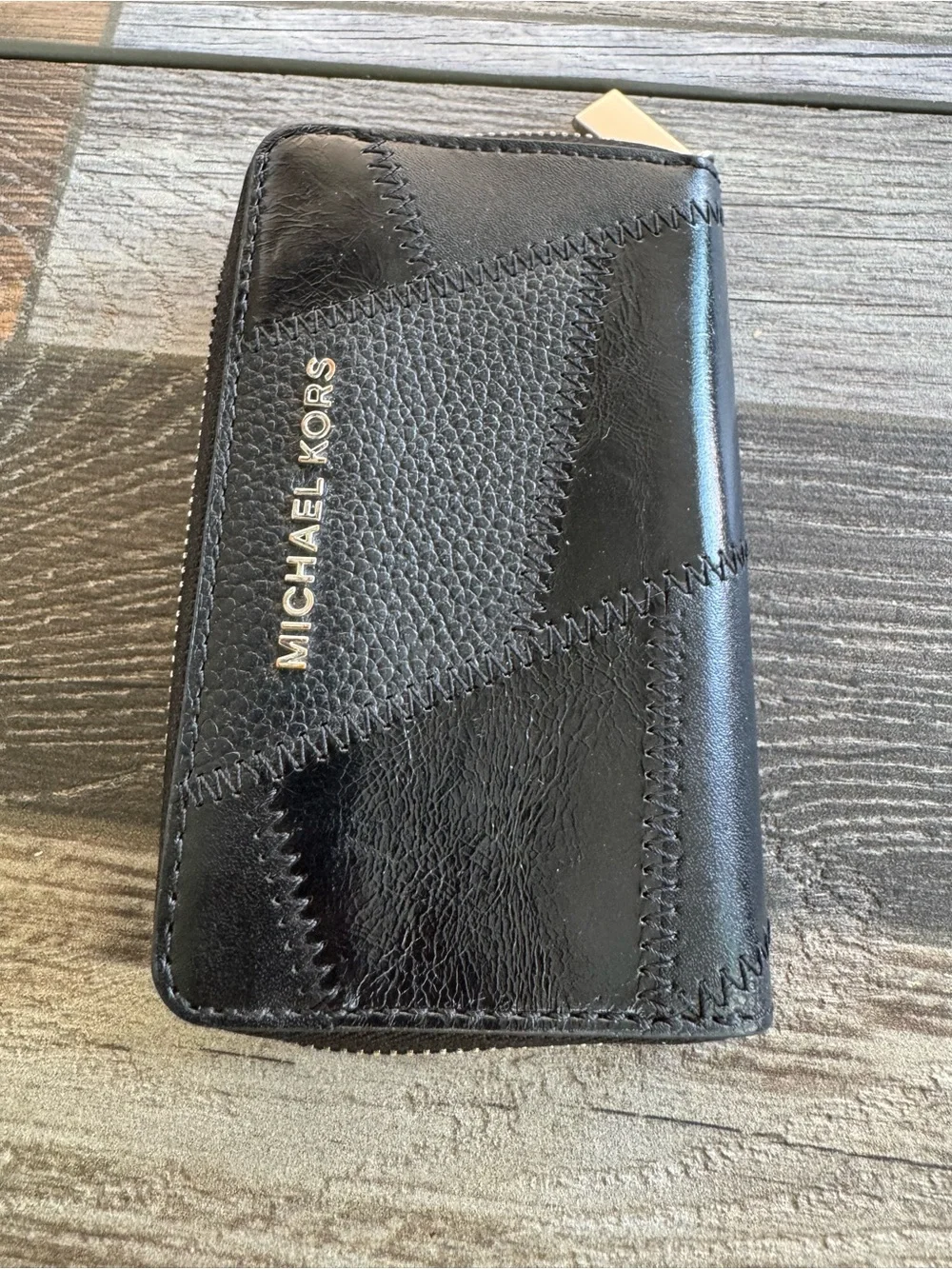 Michael Kors Black Patchwork Zip-Around Wallet with Gold Logo